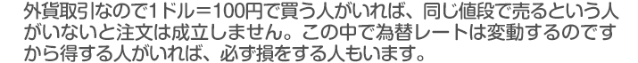 外貨取引なので1ドル＝100円で買う人がいれば、同じ値段で売るという人
がいないと注文は成立しません。この中で為替レートは変動するのですから得する人がいれば、必ず損をする人もいます。
