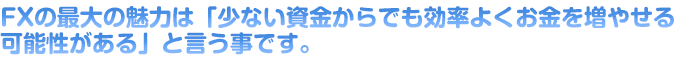 ＦＸの最大の魅力は「少ない資金からでも効率よくお金を増やせる可能性がある」と言う事です。