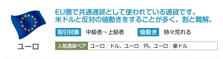ユーロ - EU圏で共通通貨として使われている通貨です。米ドルと反対の値動きをすることが多く、割と難解。