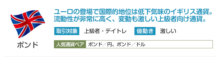 ポンド - ユーロの登場で国際的地位は低下気味のイギリス通貨。流動性が非常に高く、変動も激しい上級者向け通貨。
