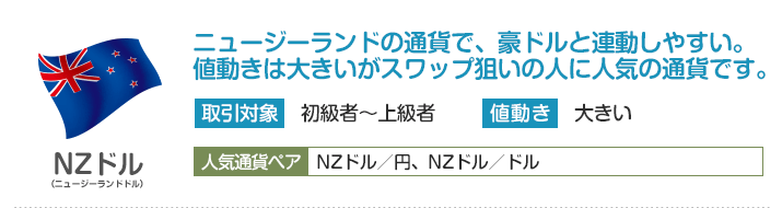 ニュージーランドドル - ニュージーランドの通貨で、豪ドルと連動しやすい。値動きは大きいがスワップ狙いの人に人気の通貨です。