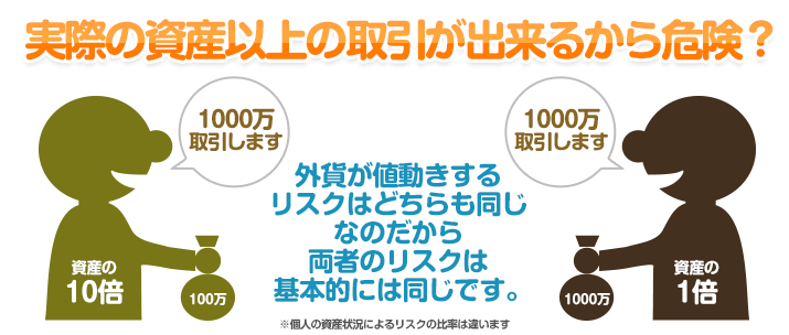 外貨が値動きするリスクはどちらも同じなのだから両者のリスクは基本的には同じです。 ※個人の資産状況によるリスクの比率は違います